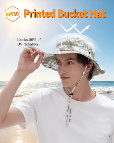 Printed Bucket Hat UPF 50+ Sun Hat, Women Men Roll-Up Brim Boonie Hat - color: Light Green