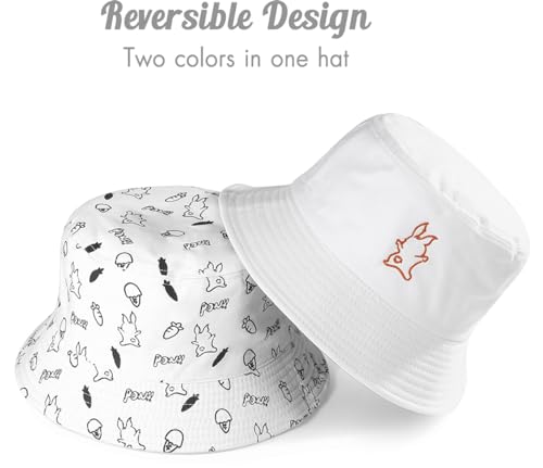 Unisex Bucket Hat Beach Sun Hat Fishing Hat for Men Women Teens, Reversible Double-Side-Wear - color: Rabbit White