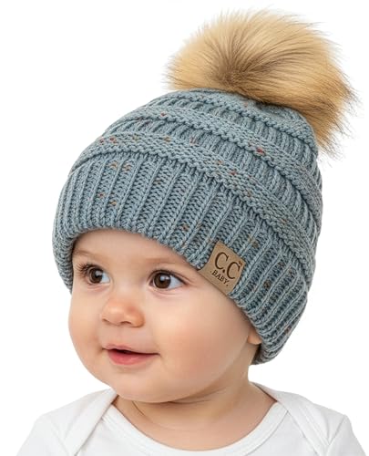 Funky Junque Baby Pom Pom Beanie – Soft Knit Infant Winter Hat for Baby Girls & Boys, Cozy Warm Newborn Beanie 0–12 Months - color: Confetti Winter Mint (Faux Fur)
