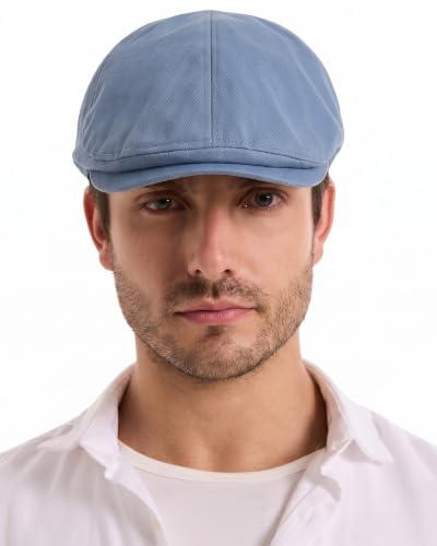 ZLYC Men Cotton Flat Cap Summer Scally Newsboy Beret Driver Hat - color: Plain Blue