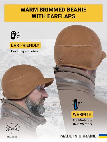 2SBR 2SABERS Fleece Winter Beanie with Visor - Men Women - Earflap Brim Skull Watch Cap Hat - color: Coyote, size: Small