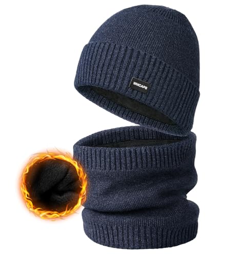 Wmcaps Fleece Lined Beanie Scarf Set, Warm Knit Hat for Men Women - color: Navy Peony