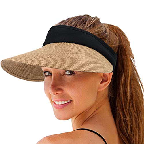 Women Straw Sun Visor Hat Wide Brim Summer UV Protection Beach Cap Foldable Packale Korean Style - color: Khaki
