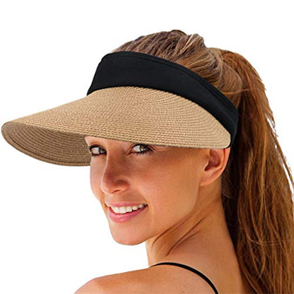 Women Straw Sun Visor Hat Wide Brim Summer UV Protection Beach Cap Foldable Packale Korean Style - color: Khaki