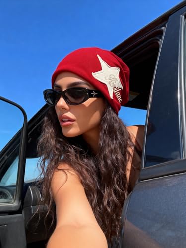 Y2K Slouch Hat Star Beanie Hat Grunge Accessories Winter Warm Cap Retro Design Knit Beanie for Women Men - color: Red