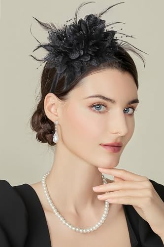 BABEYOND Flower Feather Beads Fascinator Headband for Women Derby Headpiece - color: Black