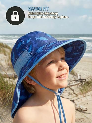 icolor Kids Sun Hat UPF50+ Sun Protection Bucket Hat Toddler Summer Beach Play Hats with Neck Flap for Girl Boy Ages 3~10 - color: Shark