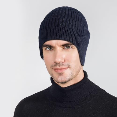 Heniho 2pcs Winter Beanies with Ear Flaps for Men Women, Warm Knit Earflaps Cap Thick Hats - color: B- Black, Navy Blue