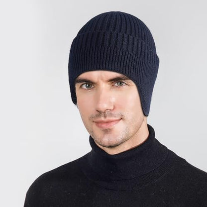 Heniho 2pcs Winter Beanies with Ear Flaps for Men Women, Warm Knit Earflaps Cap Thick Hats - color: B- Black, Navy Blue