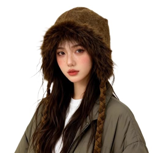 Women Winter Fleece Beanies Hat with Ear Flaps Soft Warm Crochet Skull Cap - color: C Coffee