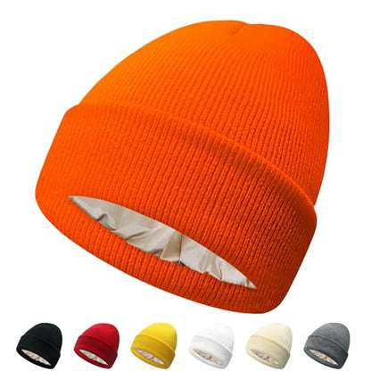 PFFY Satin Lined Beanie for Women Winter Hats Warm Reduce Frizz - color: Orange