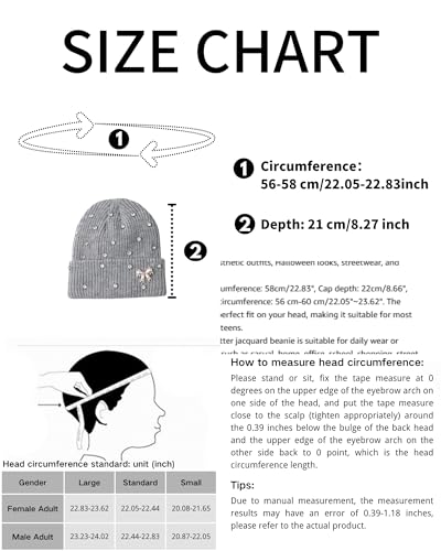Cute Rhinestone Hat Winter Cuffed Ribbed Knitted Pearl Bow Beanie for Women Men - color: Light Grey