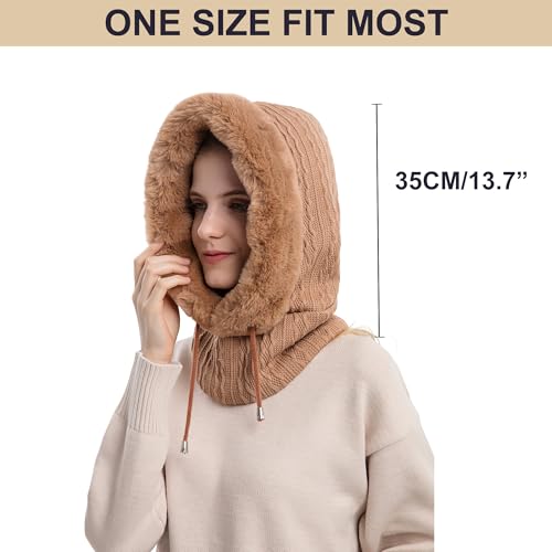 HUAMULAN Women Cable Knit Balaclavas Winter Fleece Lined Beanie Hat - color: Brown