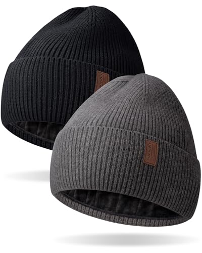Fleece Lined Winter Beanie for Men Women Warm Windproof Beanies Hats Thick Knit Winter Hat for Cold Weather - color: Black+slate Gray