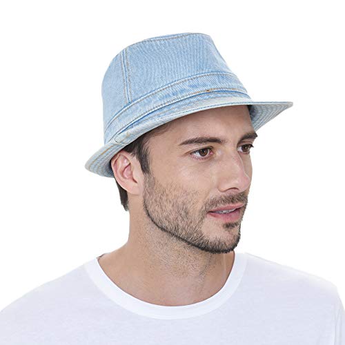 WITHMOONS Denim Bucket Hat Plain Stitch Washed Short Brim Packable Fedora DW6646 - color: Skyblue, size: Large