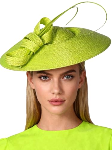 Vintage Fascinators Pillbox Hat for Women Straw Fedora Wide Brim Ladies Church Sinamay Derby Hats - color: Fluorescent Green