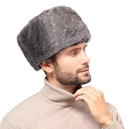 Unisex Russian Ushanka Cossack Trapper Hat Faux Rabbit Fur Trooper Hat Fuzzy Furry Hunting Cap Winter Outdoor Warm Skiing Cap - color: Grey