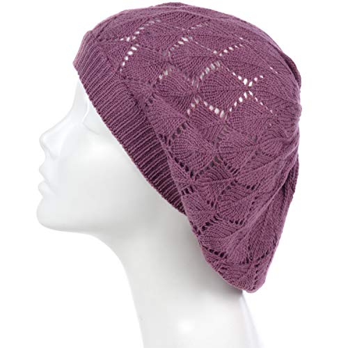 an Womens Lightweight Cut Out Knit Beanie Beret Cap Crochet Hat - Many Styles - color: 2681purple