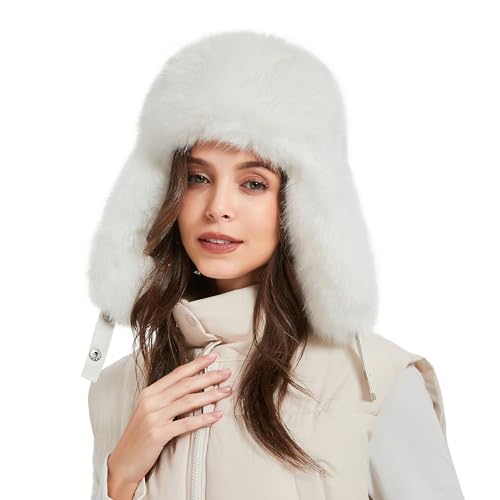 Winter Trapper Hat for Women Warm Faux Fur and Leather Windproof Full Hood Earflap Beanies - color: White2