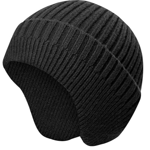 Winter Beanie for Men Women with Earflap, Fleece Lined Beanie Soft Warm Knit Hat Ski Stocking Cuffed Cap - color: Black