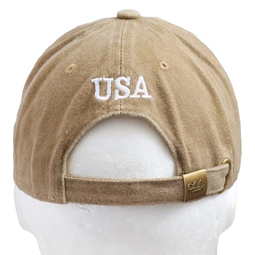 Falari USA Flag Embroidered Baseball Cap, Low Profile Adjustable Dad Hat, 100% Cotton, Pre-Washed - color: Khaki