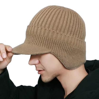 JHDESSLY Knit Beanies with Visor & Earflaps for Men and Women, Winter Hats Fleece Lined Hat Stocking Caps Soft Warm Headwear - color: Khaki