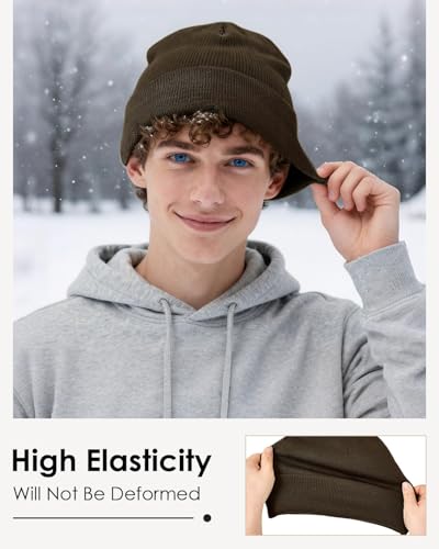 Century Star Men's Fleece-Lined Beanie Winter Knit Hat - Stretchable, Warm, Windproof, Unisex Cuffed Ski Cap for Sports - color: Coffee