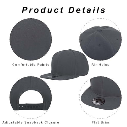 ZH Plain Flat Brim Snapback Baseball Caps Adjustable Blank Baseball Caps Wholesale 12 Pack - color: Dark Gray