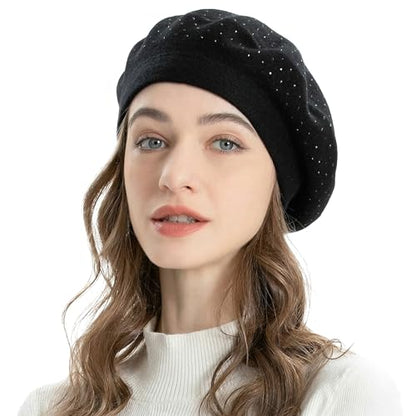 ZLYC Women French Beret Hat Reversible Solid Color Mosaic Warm Artist Cap - color: Black