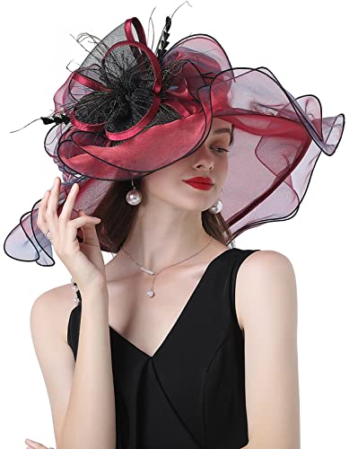 Women Derby Church Organza Flower Wedding Tea Party Fascinator Wide Brim Sun Hat - color: G3-wine With Black Edge