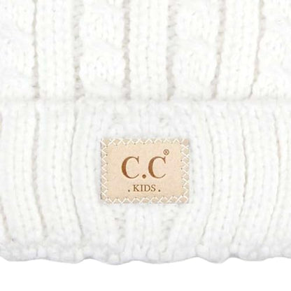C.C Kids' Suede Patch Snuggly Soft Warm Knit Pom Cuff Beanie - color: Cable Knit Faux Fur, Ivory