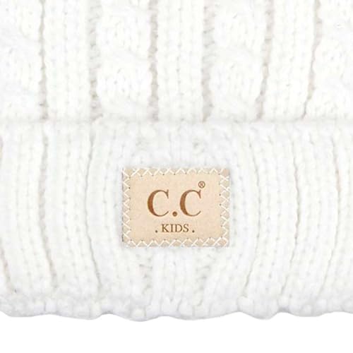 C.C Kids' Suede Patch Snuggly Soft Warm Knit Pom Cuff Beanie - color: Cable Knit Faux Fur, Ivory