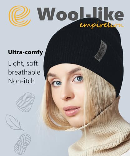 EMPIRELION Wool-Like Cuff Beanie, 0% Wool Itch-Free, Thick Thermal Knit Warm Winter Hats,Soft Stretch Outdoor Cap - color: Black