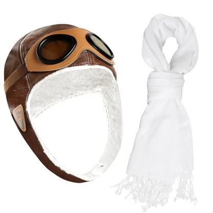 Pistha Pilot Aviator Costume for Kids Aviator Hat with Goggles and Withe Scarf Set