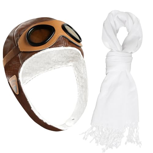 Pistha Pilot Aviator Costume for Kids Aviator Hat with Goggles and Withe Scarf Set