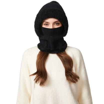 HUAMULAN Women Cable Knit Balaclavas Winter Fleece Lined Beanie Hat - color: Solid Black