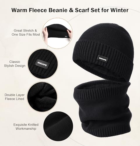 Wmcaps Fleece Lined Beanie Scarf Set, Warm Knit Hat for Men Women - color: Black