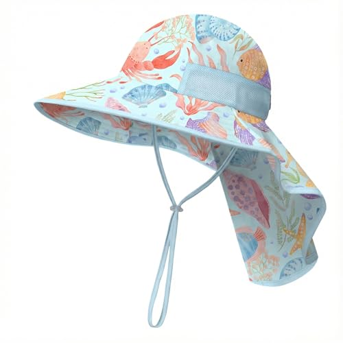 icolor Kids Sun Hat UPF50+ Sun Protection Bucket Hat Toddler Summer Beach Play Hats with Neck Flap for Girl Boy Ages 3~10 - color: Marine Animals