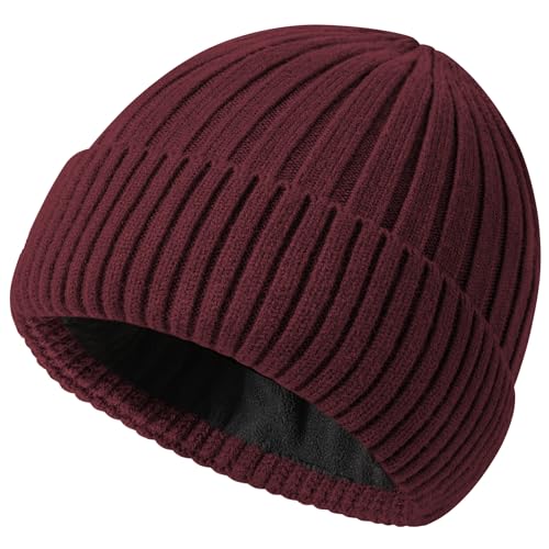 Winter Hat for Men Women Fleece Lined Beanie Soft Warm Skull Cap - color: 1-wine Red