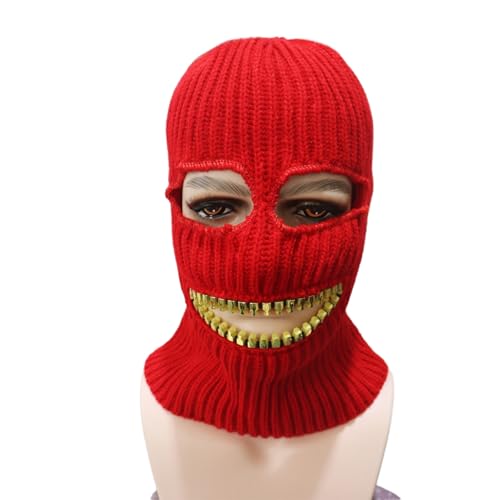 Ski Mask Knitted Full Face Cover Balaclava Knit Ski Thermal Knitted Head Wrap Winter Hat for Halloween Sports Cycling - color: Red Hat Gold Teeth