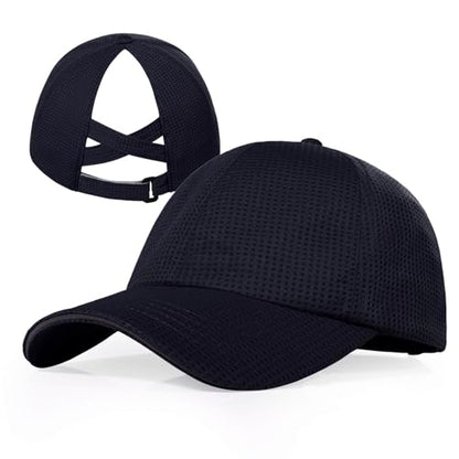 ZTL Womens High Ponytail Baseball Cap Performance Mesh Hat, Lightweight Quick Dry Race Day Running Hat with Reflective Trim - color: Navy