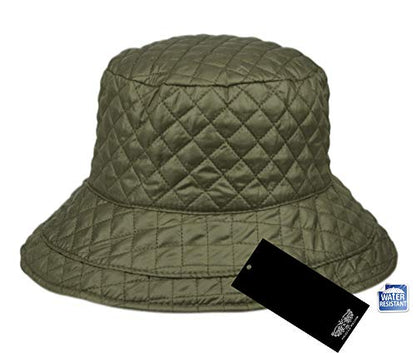 Foldable Water Repellent Quilted Rain Hat w/Adjustable Drawstring, Bucket Cap - color: Olive