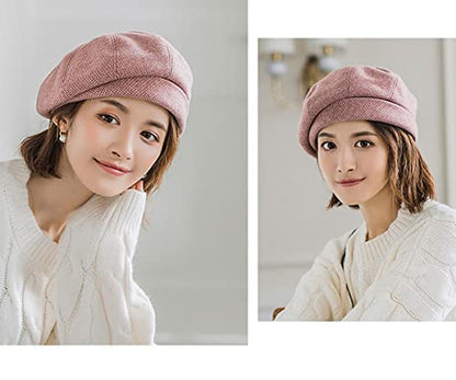 Women Winter Classic Beret Hat Newsboy Cap Painter Hats Houndstooth Beret Hats - color: Py06-pink