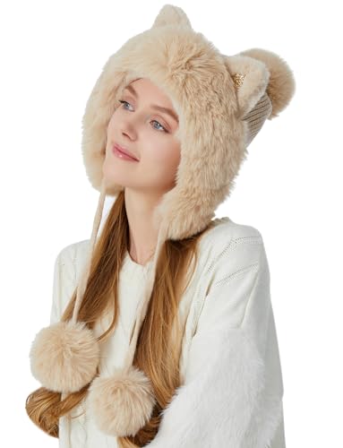 Womens Beanie Winter Hats Warm Pompom Faux Fur Crochet Skull Ear Cap - color: Apricot