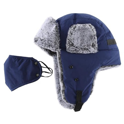 Connectyle Trapper Hat for Men Women Faux Fur Trooper Trapper Winter Hat with Ear Flaps Waterproof Ushanka Hunting Hats - color: Navy Blue