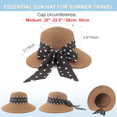 AQOKKA Women Sun Hats Straw Wide Brim Bowknot Bucket Cap Floppy Foldable Summer Beach Hats for Women Outdoor UPF 50+ - color: 1 Pack Beach: Coffee With Black Bow