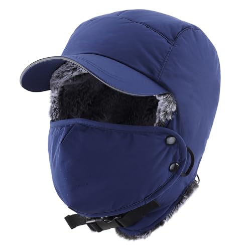 Home Prefer Waterproof Mens Faux Fur Trooper Trapper Hat Hunting Warm Winter Hat with Ear Flaps Visor Face Mask - color: Navy Blue