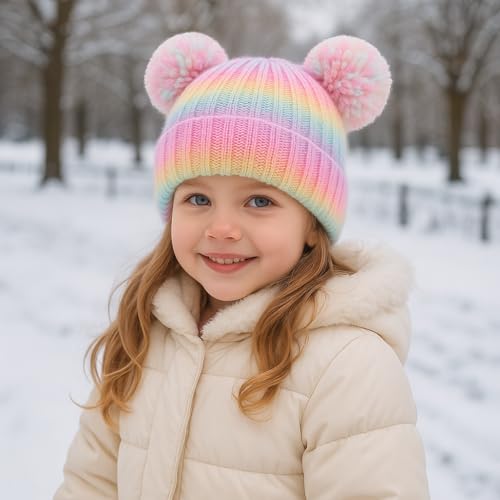 Toddler Winter Knit Hat Upgrade Fleece Lined Pompom Ears Beanies Cap for Boys Girls 3-12 Years - color: Rainbow Color