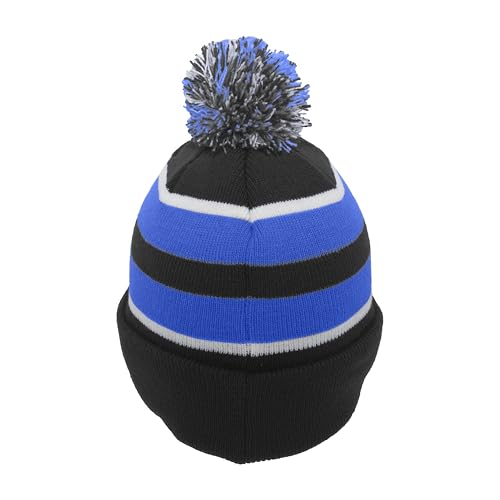 Pacific Headwear Unisex Adult Pacific Headwear Knit Fold Over Pom-pom Beanie - color: Black/Royal/White, size: One Size
