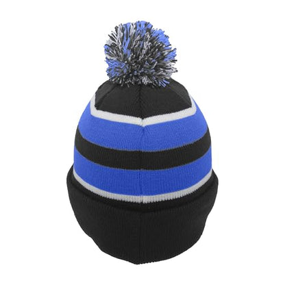 Pacific Headwear Unisex Adult Pacific Headwear Knit Fold Over Pom-pom Beanie - color: Black/Royal/White, size: One Size